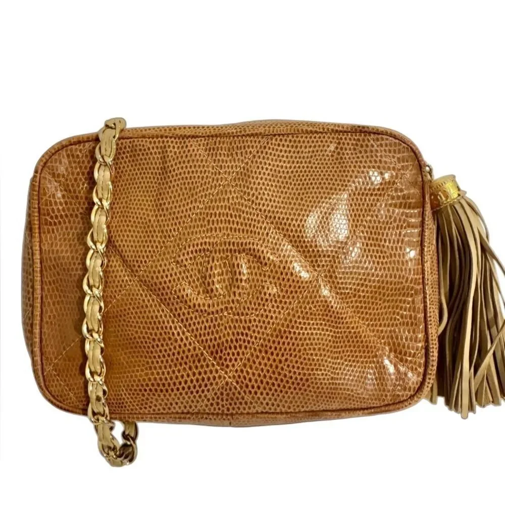 CHANEL Tan Leather Crossbody Bag with Gold Chain